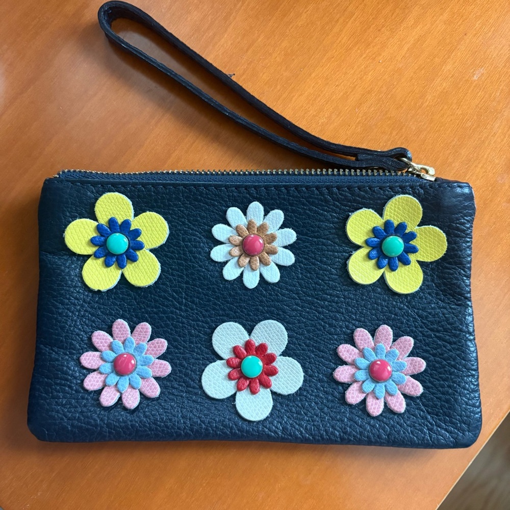 Made in Italy Genuine Leather Navy Floral Wristlet with Colorful Accents